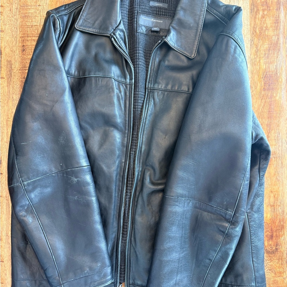Perry Ellis Black Leather Bomber Jacket